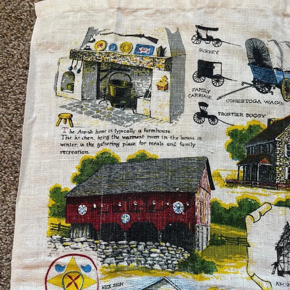 Vintage Dutch country Amish Lancaster county Tea Dish Towel‎ Calendar farm